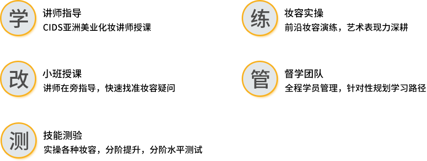 学 讲师指导 CIDS亚洲美业化妆讲师授课 练 妆容实操 前沿妆容演练，艺术表现力深耕  改  小班授课  讲师在旁指导，快速找准妆容疑问  管  督学团队  全程学员管理，针对性规划学习路径  测 技能测验  实操各种妆容，分阶提升，分阶水平测试 